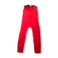Fashionable red jumpsuit with front zipper for a modern touch.