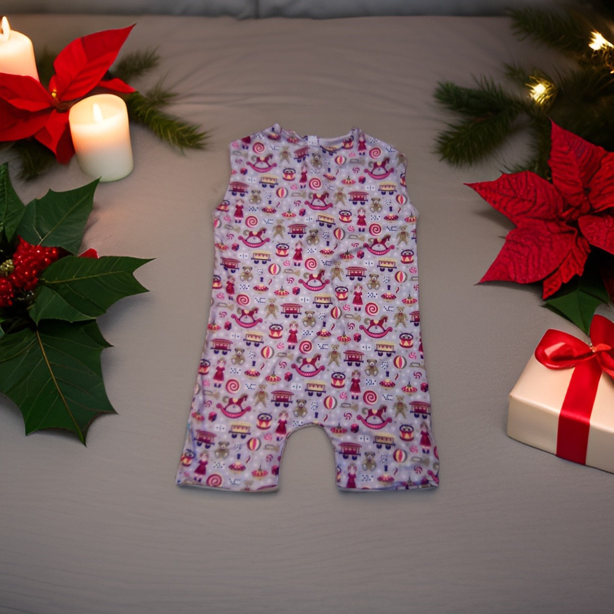 Cute and joyful baby romper with Christmas decoration, complete with zip back bodysuit