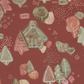 A festive holiday wallpaper featuring red and pink hues, adorned with trees and houses.