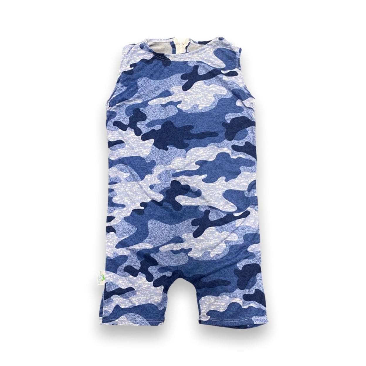 A blue camouflage print baby romper with a zip back bodysuit