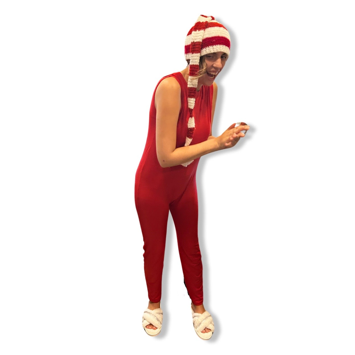 A woman wearing a red jumpsuit and hat, designed as a Special Needs Zip Back Bodysuit