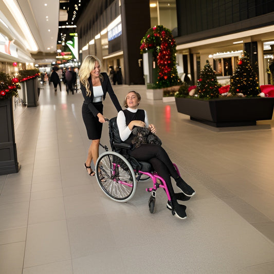 woman in waterproof wheelchair, showing care and accessibility