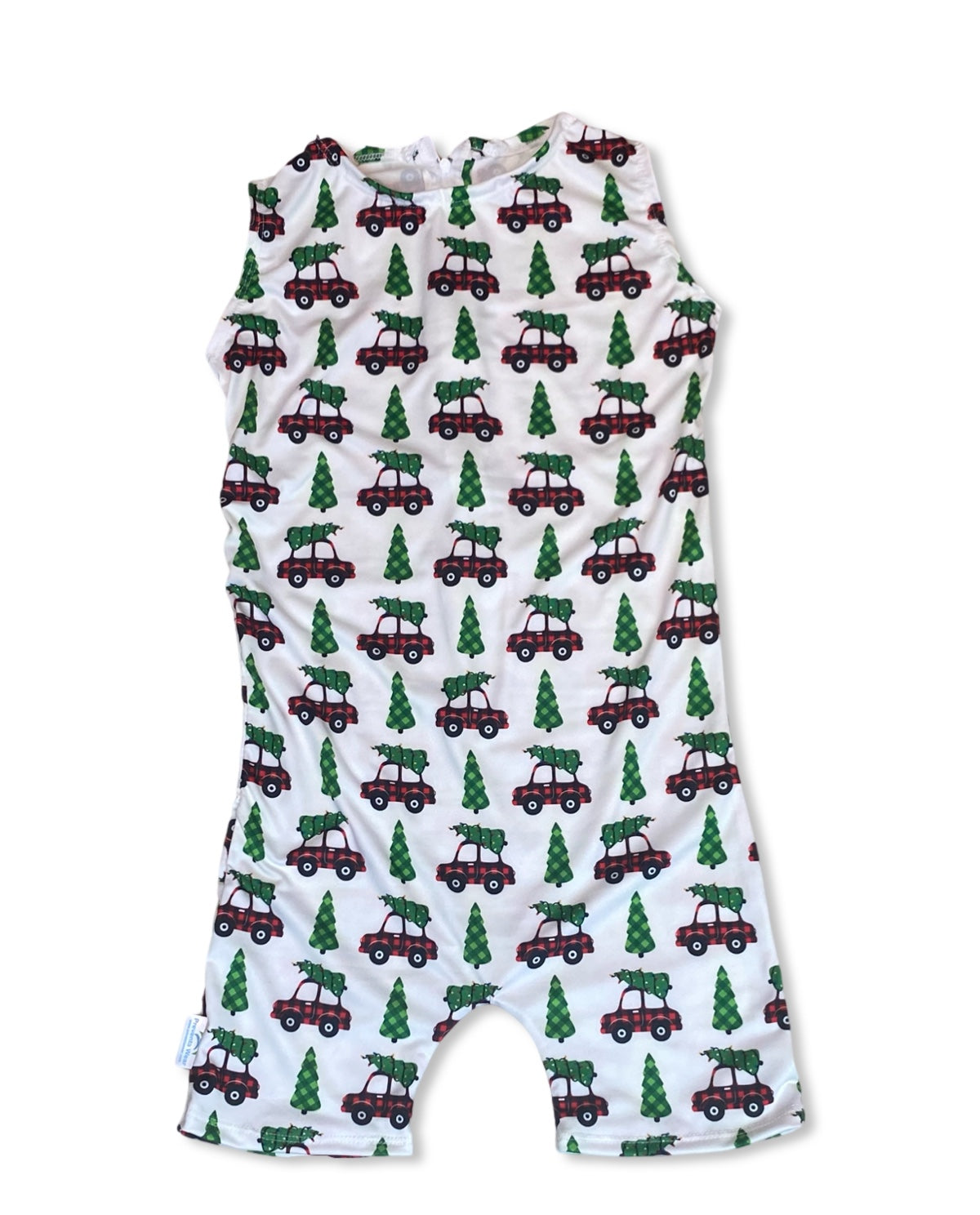 Festive baby romper with zip back, featuring Christmas tree print