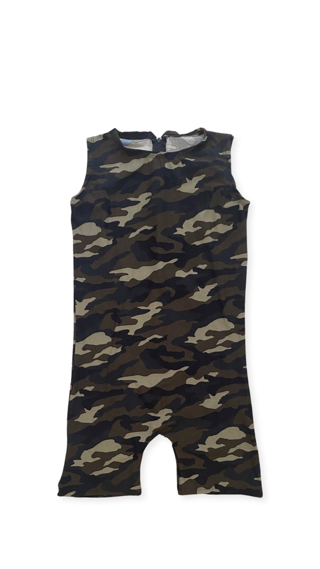 A baby's camo romper with a convenient zipper closure for easy dressing and undressing