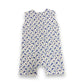 A baby romper with adorable blue and white birds, featuring a convenient zip back bodysuit