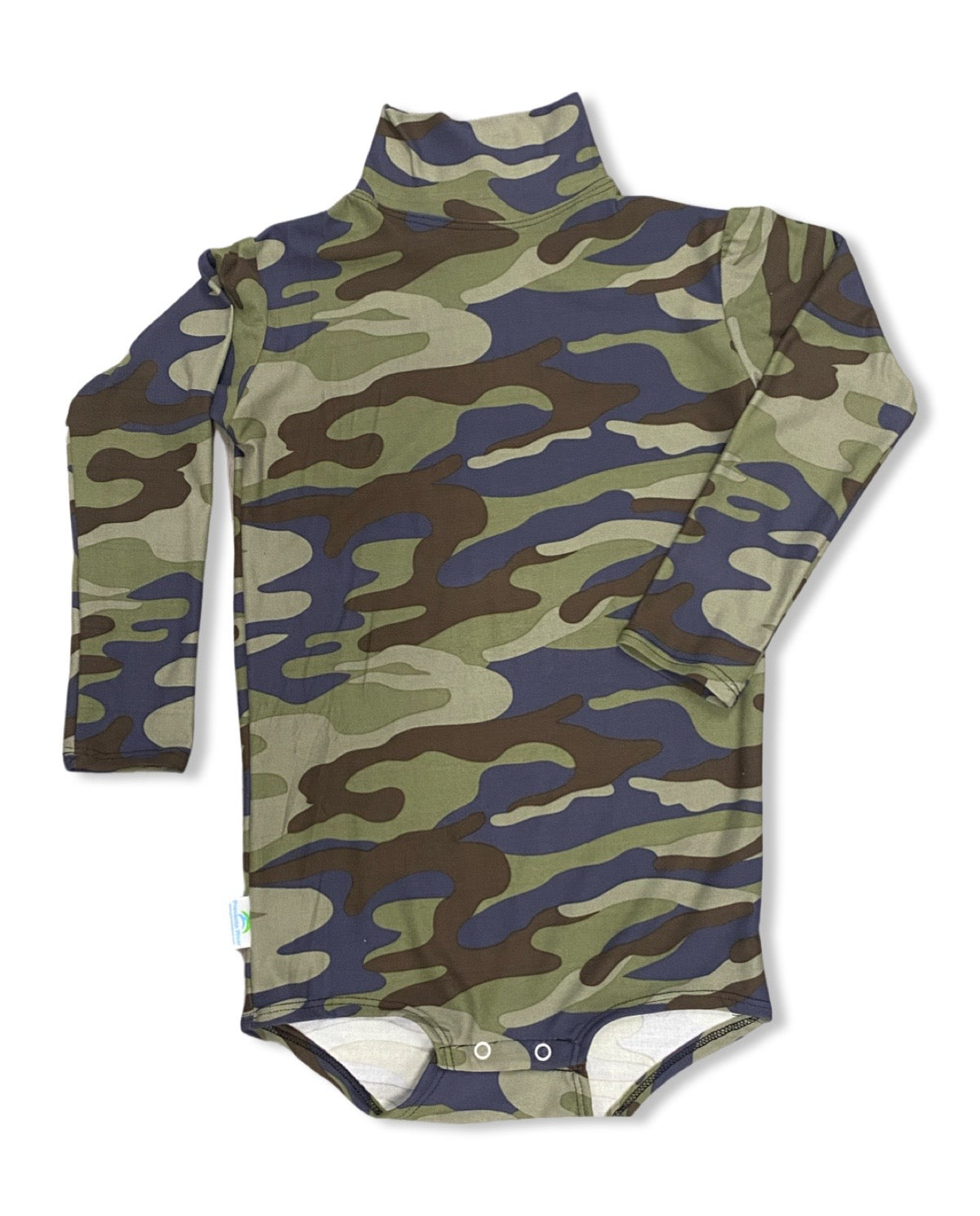 Adorable camo turtleneck onesies with snap crotch for baby boys.