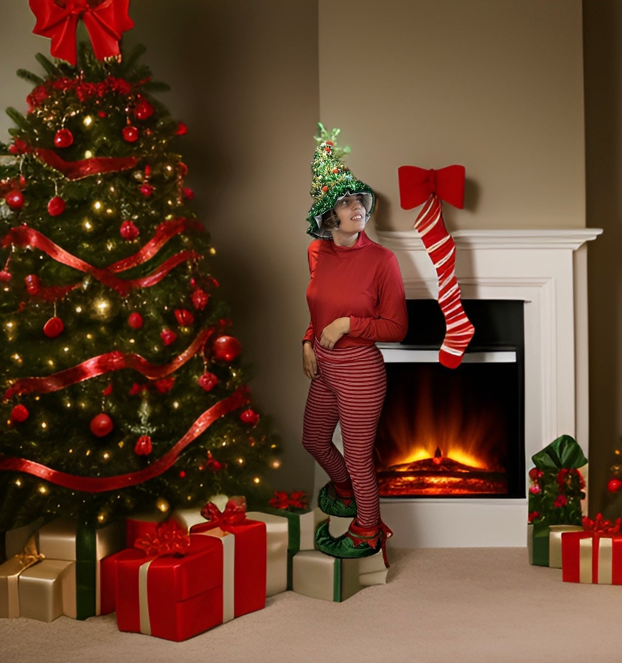 Woman in red pants and sweater poses by a festive Christmas tree