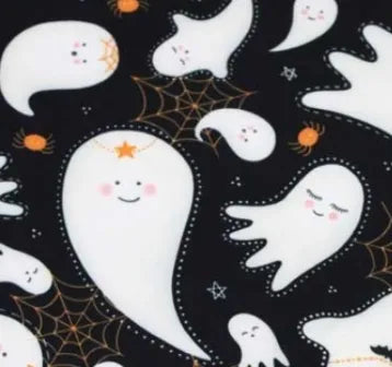 A spooky Halloween fabric with black and white design featuring ghosts and spiders.