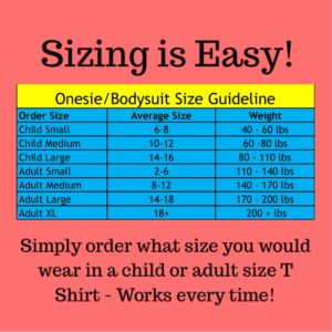A size chart for clothing, including Special Needs Onesies