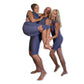 Three people in swimsuits posing for a picture wearing Kylapparel Sensory Friendly Bodysuits
